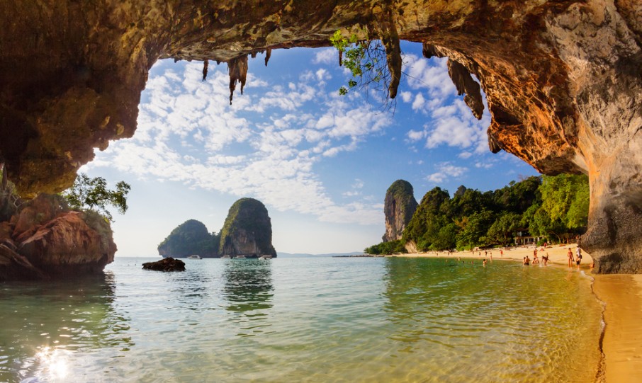 View from under one of the many rocky outcroppings in Phra Nang Beach in Krabi